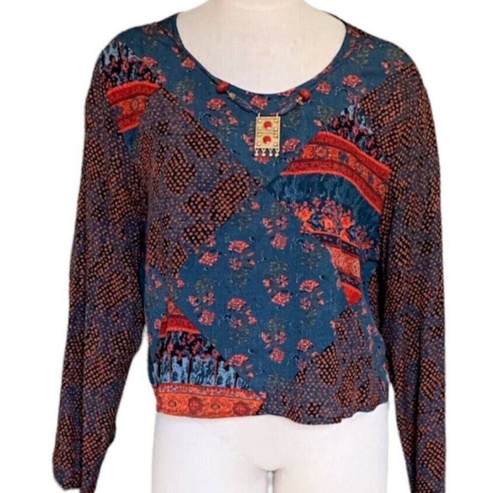 VTG Carole Little BOHO Artsy Patchwork Pendant Top‎ Sz Petite M 303F